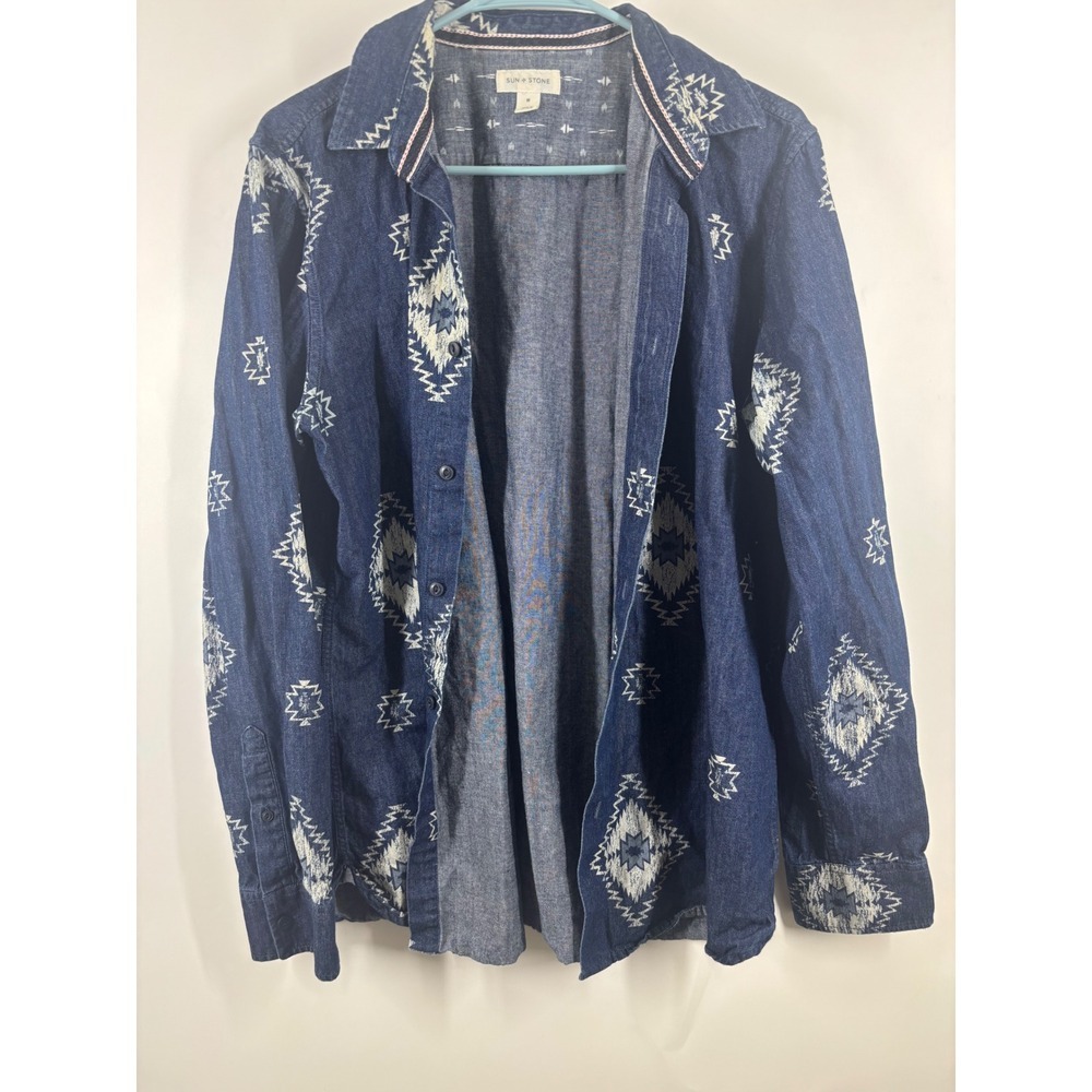Sun + Stone Mens Blue Denim Southwestern Geometric Print Button Down Shirt‎ M